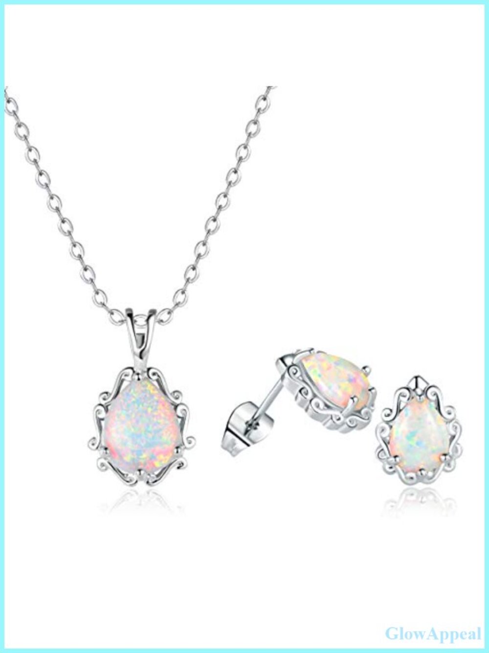 18k White Gold Plated Opal Halo Necklace and Stud Earrings Set for Women